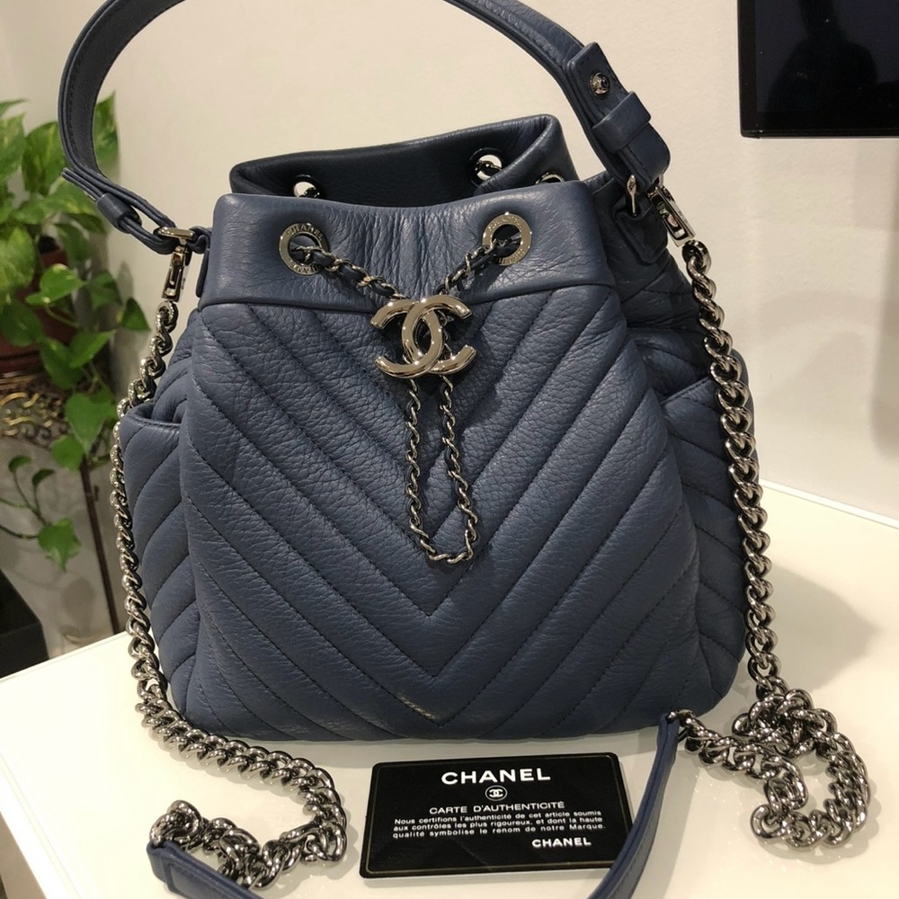 Chanel Navy Drawstring Chevron Bucket Small Bag